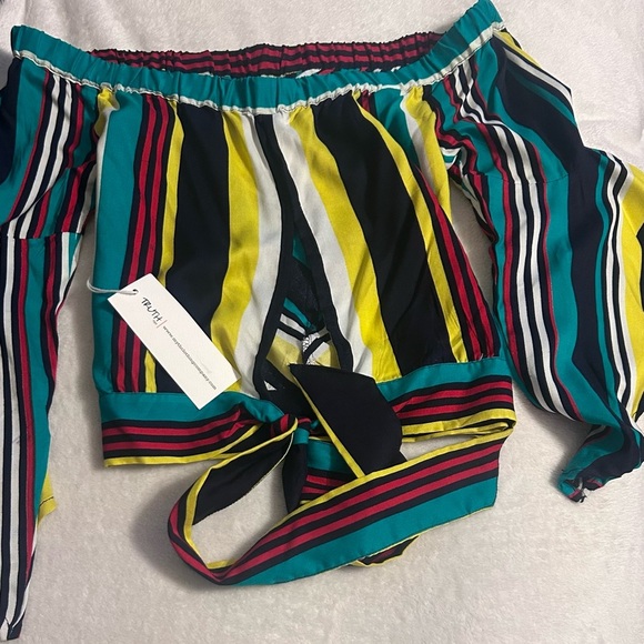 Truth NYC Top, Off Shoulder, Striped Blouse, Long Sleeve, Tie Waist - Size S - Picture 2 of 6